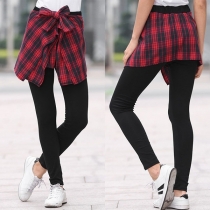 Fashion High Waist Plaid Spliced Mock Two-piece Leggings