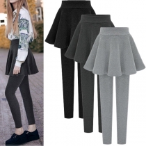 Fashion Solid Color High Waist Mock Two-piece Leggings