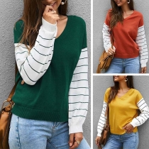 Fashion Striped Spliced Long Sleeve V-neck Knit Top 
