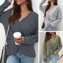 Fashion Long Sleeve V-neck Twisted Hem Striped T-shirt