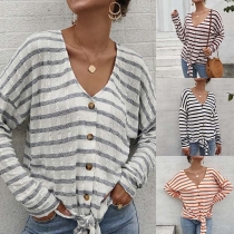 Fashion Long Sleeve V-neck Lace-up Hem Striped Knit Top