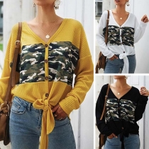Fashion Camouflage Printed Spliced Long Sleeve Knit Cardigan