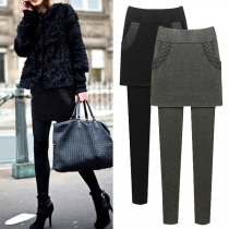 Mode mock leggings i två delar med hög midja och enfärgad stil (små i storlek)
