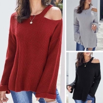 Sexy Off-shoulder Long Sleeve Slit Hem Solid Color Sweater 