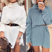 Fashion Solid Color Long Sleeve Turtleneck Knit Dress