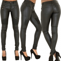 Mode Slim Fit PU-konstläderbyxor med låg midja