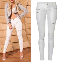 Mode blixtlås Lågväxt Skinny Byxor Ruched konstläder PU