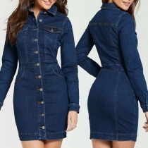 Fashion Long Sleeve POLO Collar Single-breasted Slim Fit Denim Dress