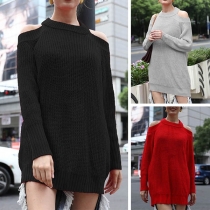 Sexy Off-shoulder Long Sleeve Round Neck Solid Color Sweater