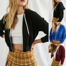 Fashion Solid Color Long Sleeve Hooded Short-style Sweatshirt