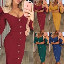 Sexy V-neck 3/4 Sleeve Front-button Slim Fit Dress