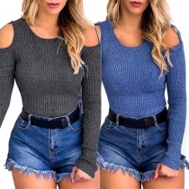 Sexy Off-shoulder Long Sleeve Round Neck Knit Top 