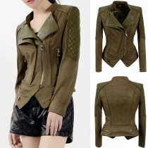 Fashion Irregular Hem Oblique Zipper PU Leather Spliced Jacket 