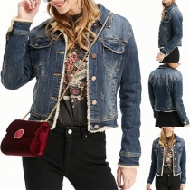 Fashion Long Sleeve POLO Collar Plush Lining Denim Coat 