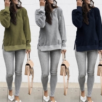 Fashion Solid Color Round Neck Side-button Sweatshirt 