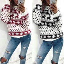 Fashion Long Sleeve Round Neck Elk Printed Knit Shirt