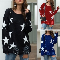 Fashion Pentagram Pattern Long Sleeve Round Neck Ripped Sweater 