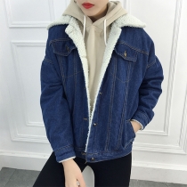 Mode långärmad jeanskappa med sned dragkedja och plyschfoder