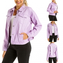 Fashion Solid Color Long Sleeve POLO Collar Denim Coat
