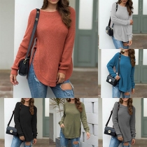 Fashion Solid Color Long Sleeve Round Neck Slit Hem Sweater 