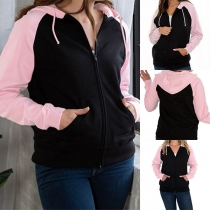 Fashion Contrast Color Long Sleeve Hooded Sweatshirt Coat 