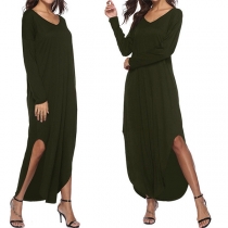 Fashion Solid Color Long Sleeve V-neck Slit Hem Dress
