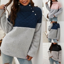 Fashion Contrast Color Long Sleeve High Collar Plush Sweatshirt 