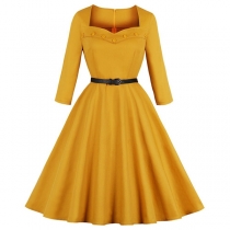 Elegant Solid Coloe 3/4 Sleeve Square Collar Dress