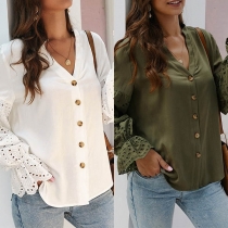 Fashion Lace Spliced Long Sleeve V-neck Solid Color Blouse