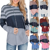 Fashion Contrast Color Long Sleeve Striped Spliced Hoodie