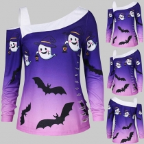 Sexy Oblique Shoulder Long Sleeve Ripped Printed Sweatshirt 