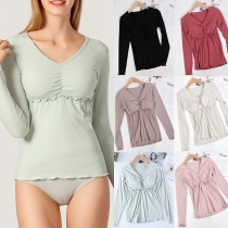 Fashion Solid Color Long Sleeve V-neck Thermal Underwear Top
