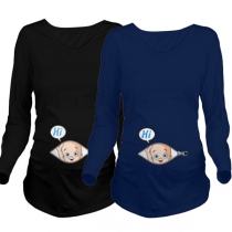 Cute Cartoon Printed Long Sleeve Round Neck Maternity T-shirt