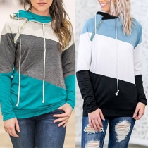 Fashion Contrast Color Drawstring Hooded Sweatshirt 