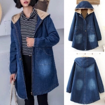 Fashion Long Sleeve Plush Lining Hooded Denim Coat