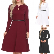 Elegant Solid Color Long Sleeve Round Neck Dress