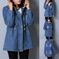 Fashion Long Sleeve Drawstring Waist Plush Lining Hooded Denim Coat 