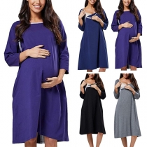 Fashion Solid Color Long Sleeve Round Neck Maternity Dress