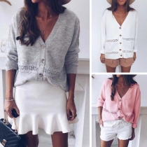Fashion Solid Color Long Sleeve V-neck Lace Spliced Knit Cardigan