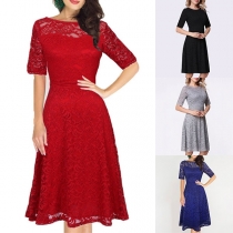 Elegant Solid Color Short Sleeve Round Neck Lace Dress