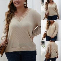 Fashion Solid Color Lace Spliced V-neck Plus-size Knit Top