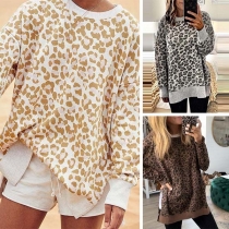 Fashion Long Sleeve Round Neck Leopard Printed Sweatshirt 