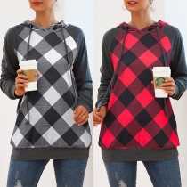 Fashion Plaid Spliced Long Sleeve Hooded Sweatshirt 