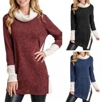 Fashion Contrast Color Long Sleeve Slit Hem Cowl Neck Sweatshirt