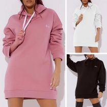 Fashion Solid Color Long Sleeve Hooded Sweatshirt Dress