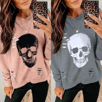 Trendy Ripped Irregular Hem Skull Print Long Sleeve Sweatshirt