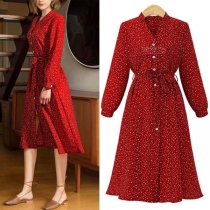Fashion Standard Collar Button Front Self-tie Long Sleeve Dot Dress