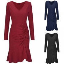 Elegant Solid Color Long Sleeve V-neck Fishtail Hem Dress