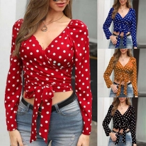 Sexy V-neck Lace-up Hem Long Sleeve Dots Printed Top 