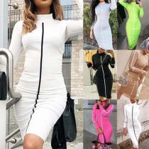 Fashion Contrast Color Long Sleeve Mock Neck Slim Fit Dress